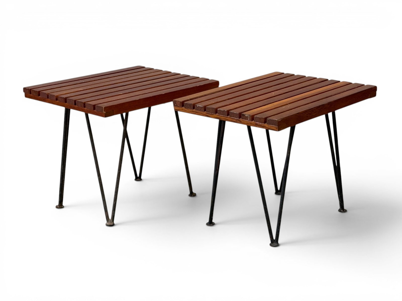 Pair of Pipsan Saarinen-Swanson Side Tables: A pair of Pipsan Saarinen-Swanson slatted side tables on hairpin legs. | You have additional shipping options, and are not required to use Live Shipping. Additional shipping and delivery details are a