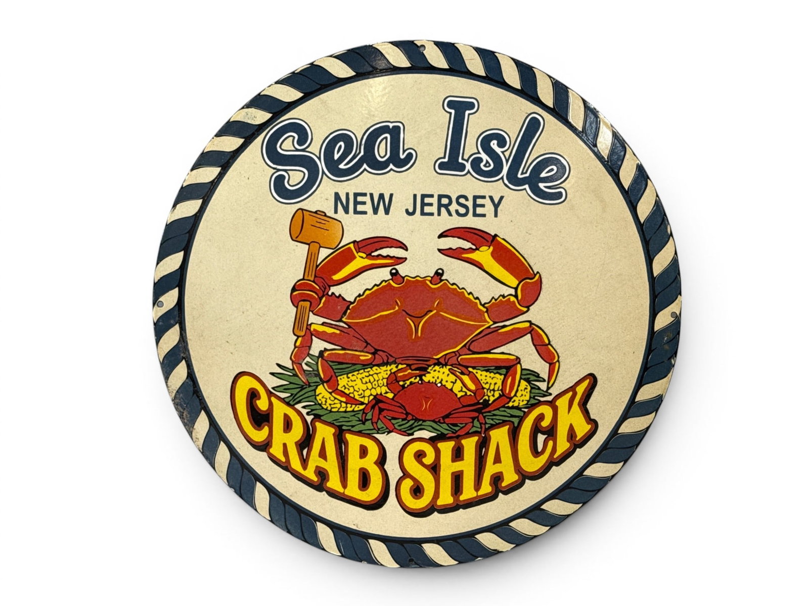 Sea Isle Crab Shack Porcelain Sign: A contemporary "Sea Isle Crab Shack" porcelain enameled sign. 30in diameter. | You have additional shipping options, and are not required to use Live Shipping. Additional shipping and delivery details