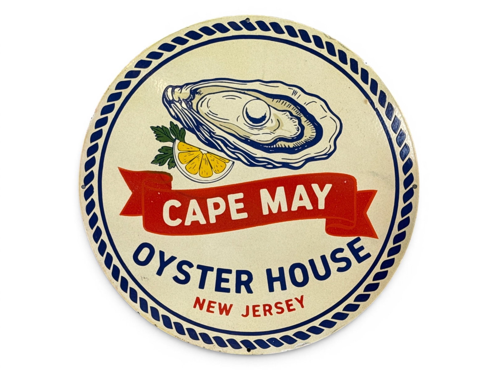 Cape May Oyster House Porcelain Sign: A contemporary "Cape May Oyster House" porcelain advertising sign. 30in diameter. | You have additional shipping options, and are not required to use Live Shipping. Additional shipping and delivery