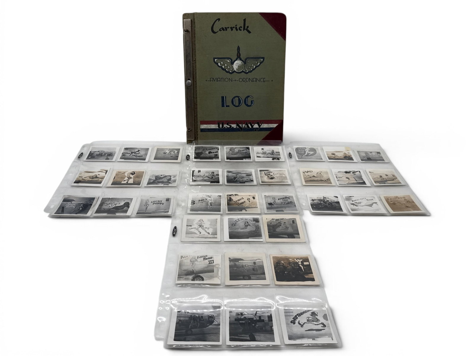 WWII Erotic Bomber Photographs and Airman Carrick's Log: A World War II era collection of 36 erotic B24 bomber nose art in USN silver print photographs, and Airman Carrick's log and air crewman's gunnery manual containing 21 drawings by Carrick. Log: 11in