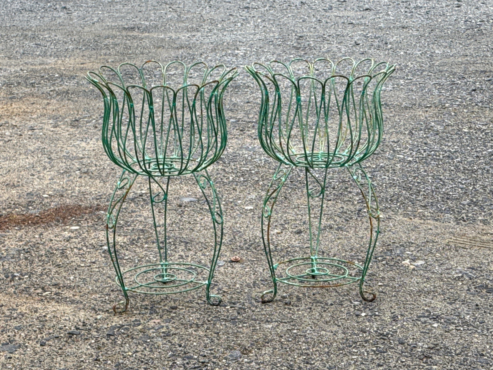 Pair of Green Painted Iron Wirework Planters: A pair of green painted iron wire-work garden planter stands. 30-1/2in tall x 20in diameter. | You have additional shipping options, and are not required to use Live Shipping. Additional shipping and 