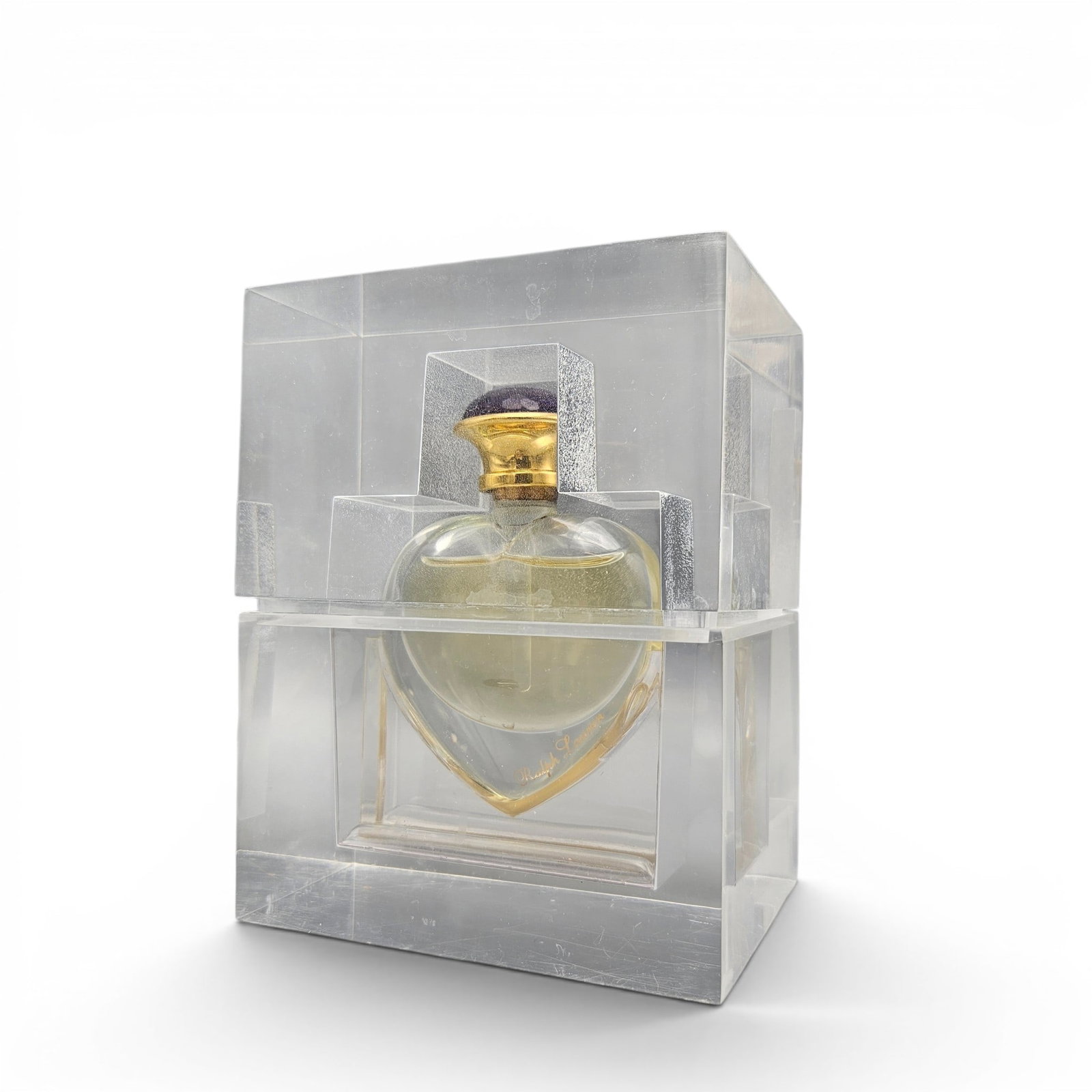 Ralph Lauren Love Luxury Edition Perfume: A Ralph Lauren Love Eau De Perfume, with a 24K gold-painted and cut amethyst cap. 6in tall. | You have additional shipping options, and are not required to use Live Shipping. Additional shipping and d