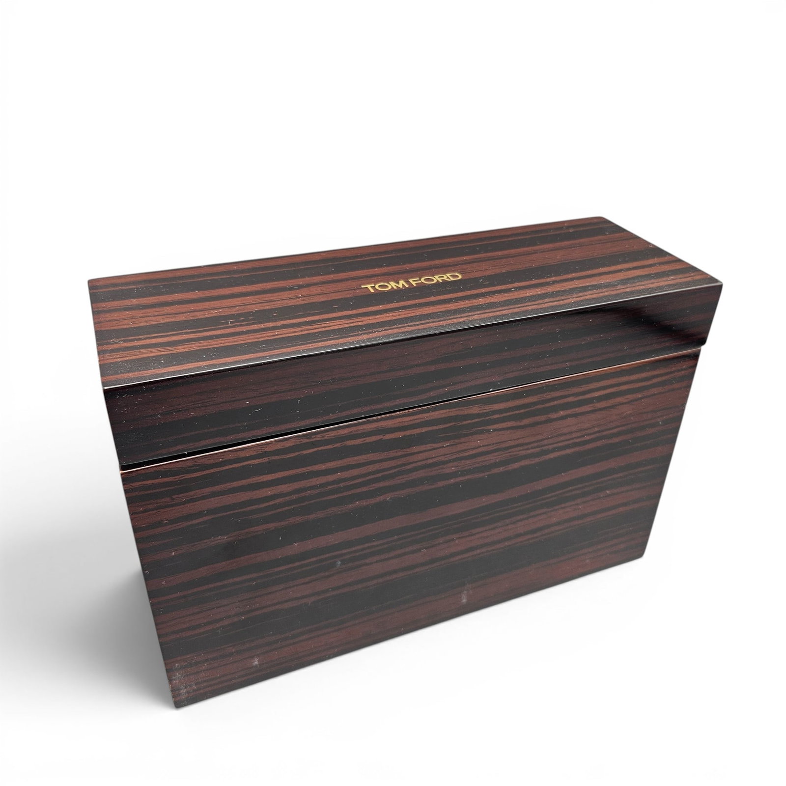 Tom Ford Macassar Wood Perfume Display Box: A Tom Ford Private Blend Macassar wood perfume display box. 6in tall x 8-1/4in wide x 3in deep. | You have additional shipping options, and are not required to use Live Shipping. Additional shipping a