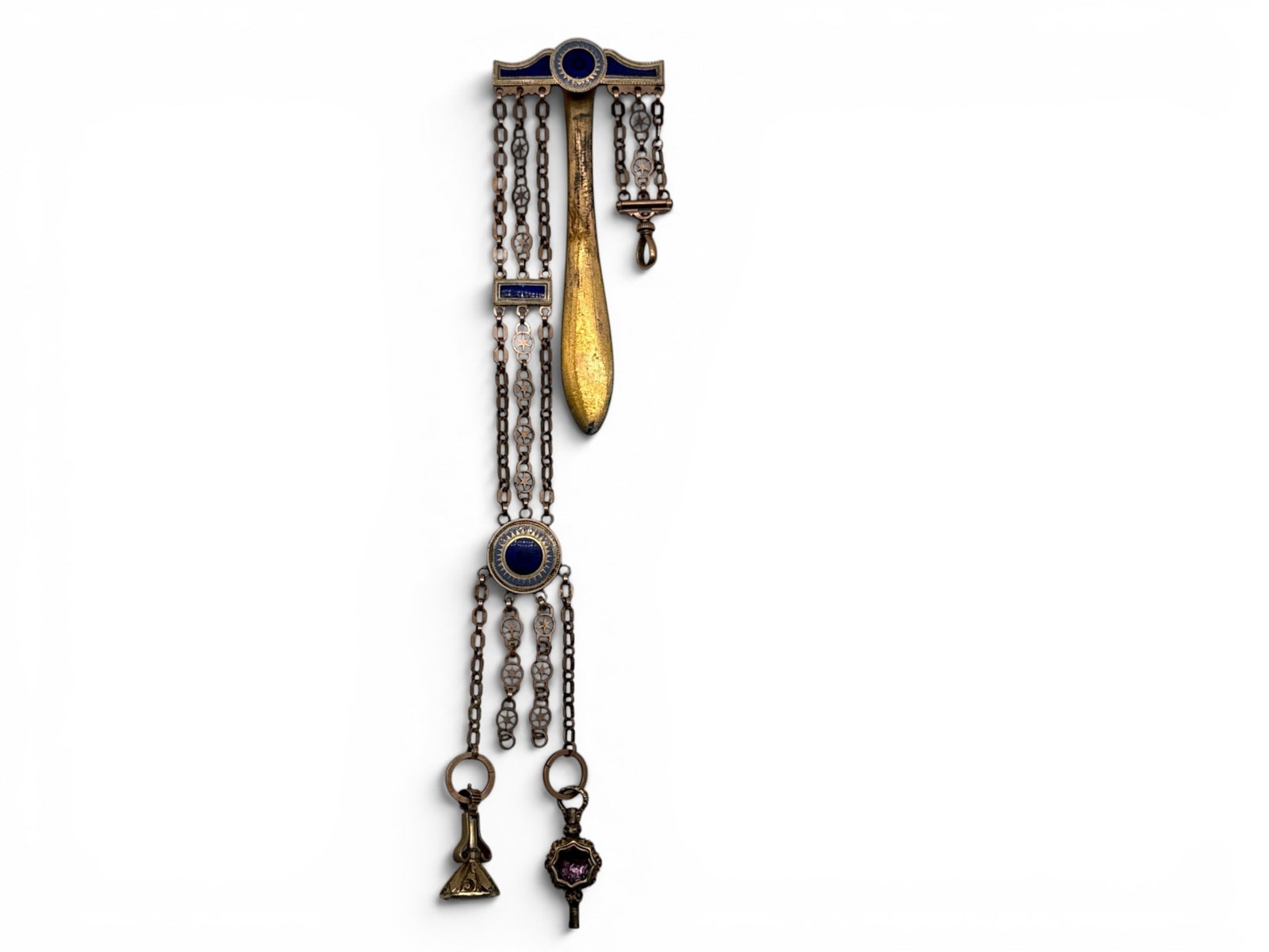 19th C. Guilloche Enamel Chatelaine: A 19th C. 14K gold-plated chatelaine with cobalt blue guilloche enameled accents, star-form chain, dual colored pocket watch key, and monogrammed wax seal stamp fob. 8in tall x 2in wide. | You have ad