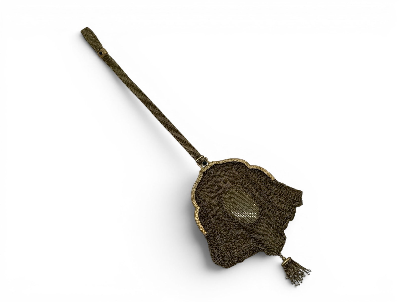 Art Deco 14K Gold and Sapphire Mesh Purse: An Art Deco-era 14K yellow gold mesh purse with sapphire cabochon and seed pearl tassels. Interior has hanging oval mirror. Marked 14K. 56.97 dwt. | You have additional shipping options, and are not