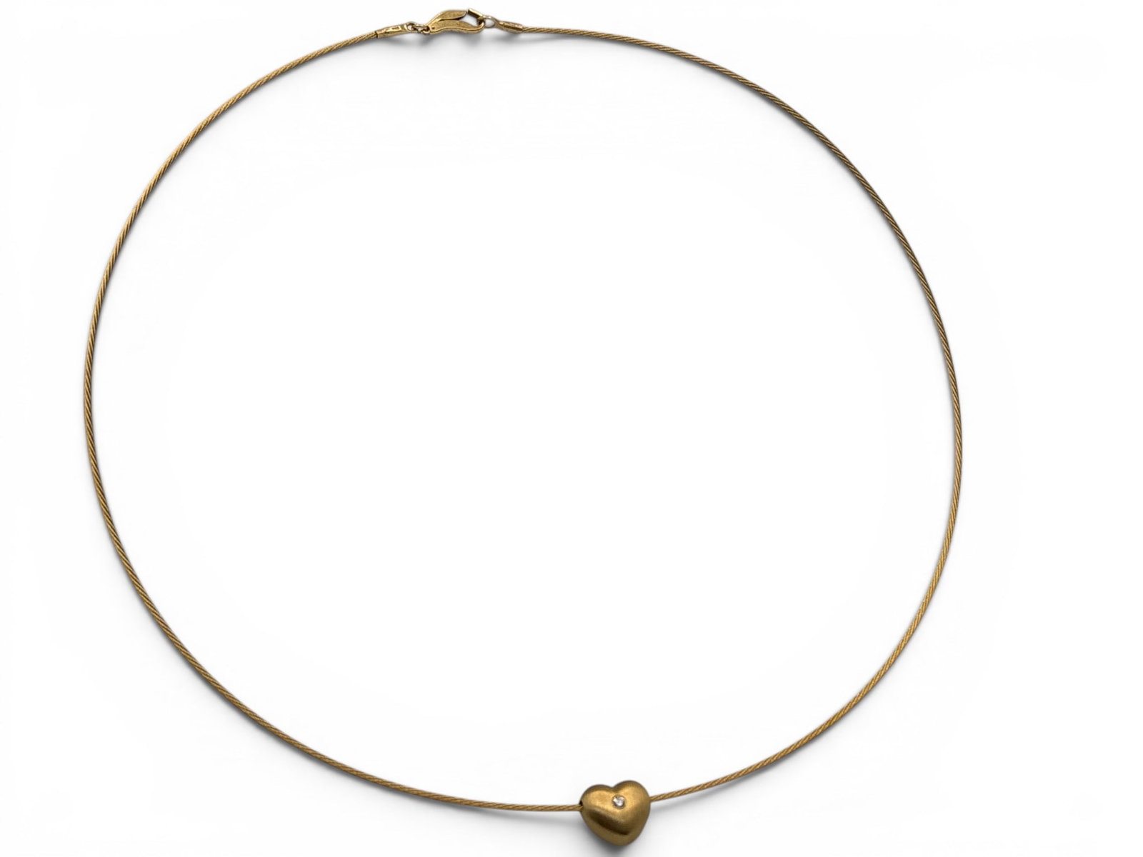 H. Stern 18K Omega Necklace with Heart Slide: An 18K yellow gold rope twist-design omega chain with a brushed heart slide featuring a flush set 0.6mm diamond on one side and scalloped openwork verso. Marked 18K on the closure. Includes box and ve