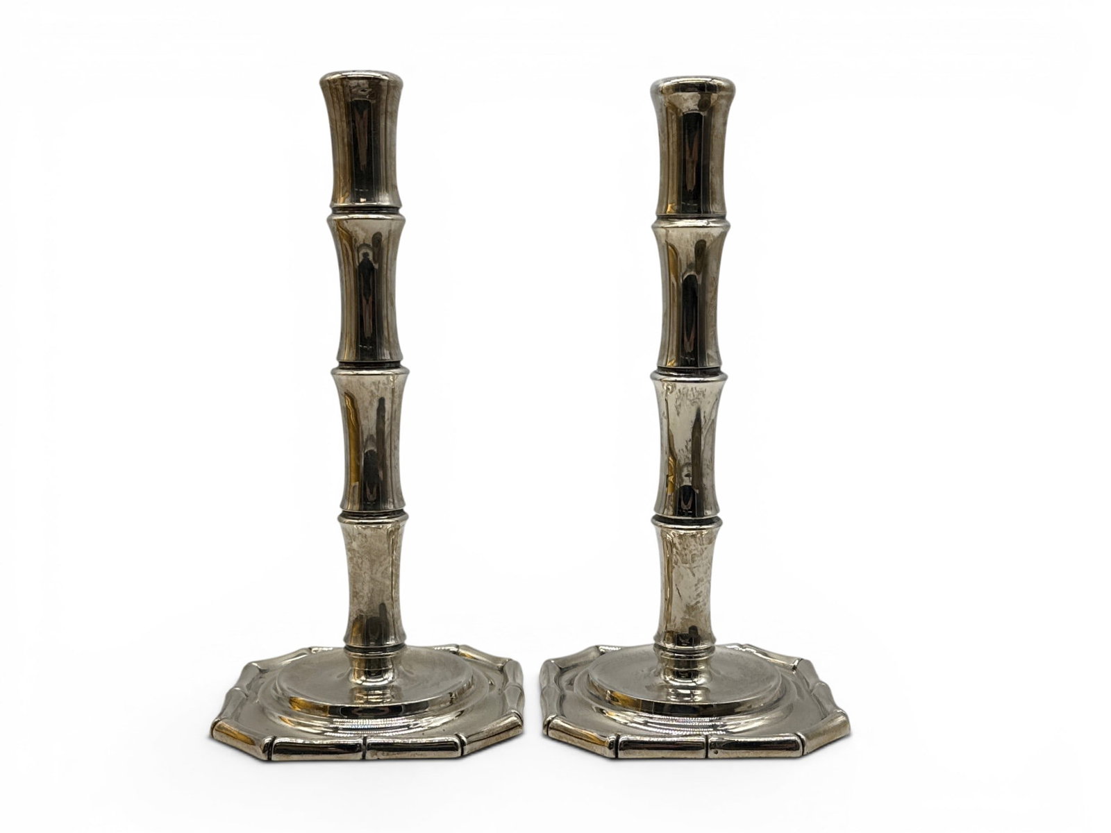 Van Day Truex / Tiffany & Co. Sterling Candlesticks: A pair of Van Day Truex for Tiffany & Co. sterling silver bamboo candlesticks. 9in tall x 4-1/4in wide. 20.3 ozt. | You have additional shipping options, and are not required to use Live Shipping. Add