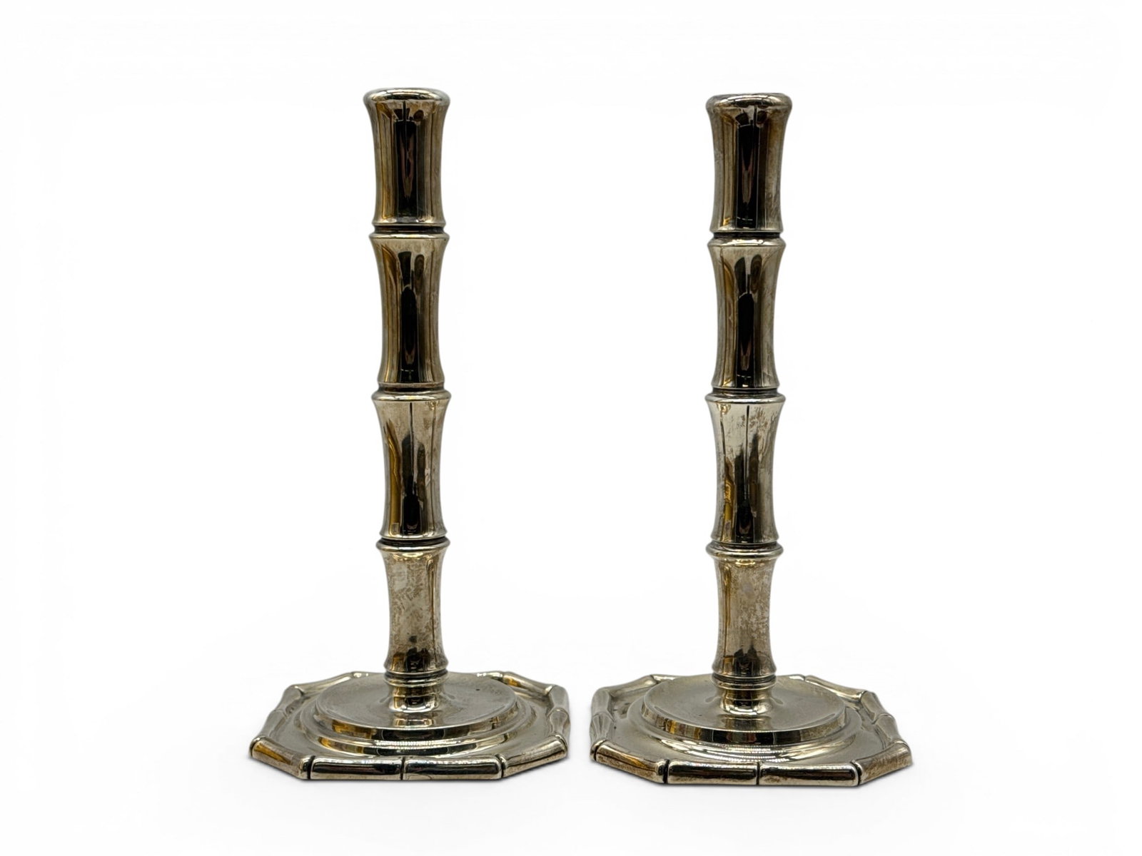 Van Day Truex / Tiffany & Co. Sterling Candlesticks: A pair of Van Day Truex for Tiffany & Co. sterling silver bamboo candlesticks. 9in tall x 4-1/4in wide. 20.3 ozt. | You have additional shipping options, and are not required to use Live Shipping. Add