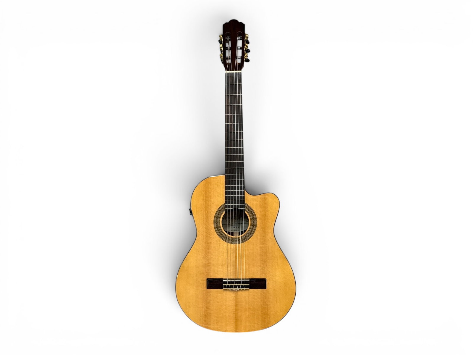 Angel Lopez Classical Guitar & Gig Bag: Angel Lopez handmade solid top acoustic-electric classical guitar, model CER CE S by Stagg, featuring a cutaway body and B-Band CL-4 preamp system. Includes a black fabric soft acoustic guitar gig bag