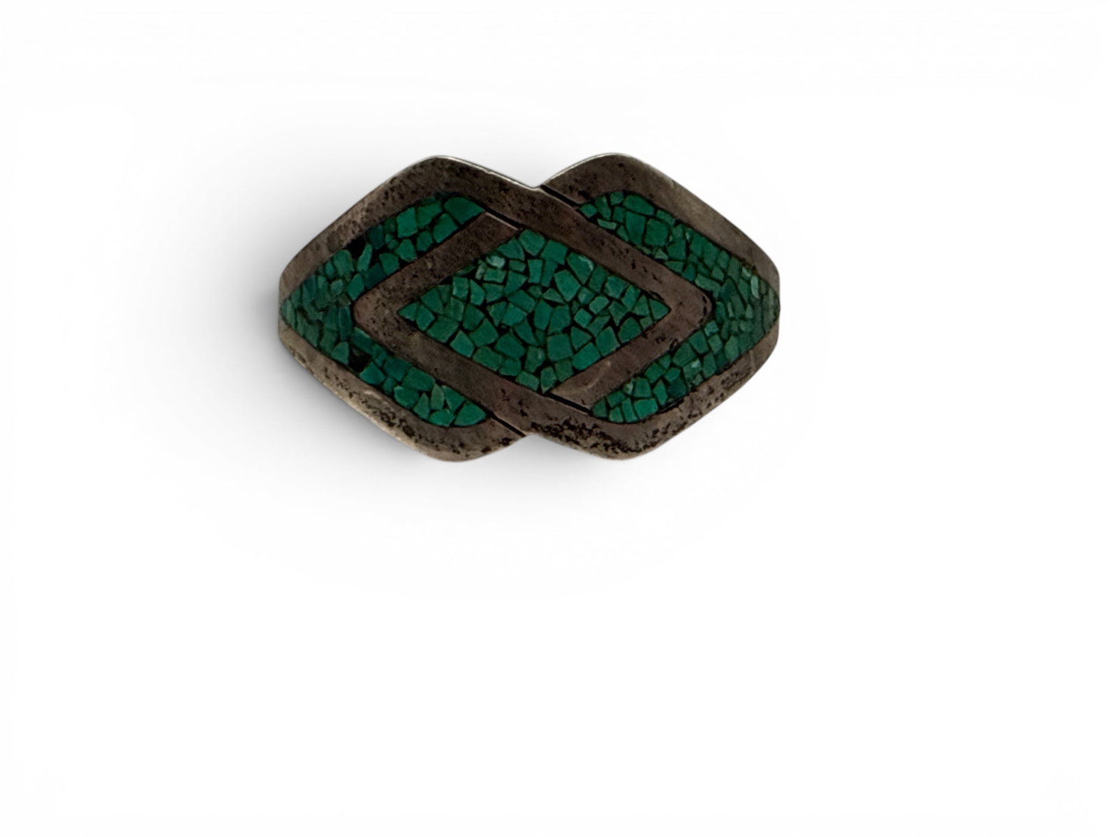Taxco Mosaico Azteca Silver and Turquoise Bracelet: A Taxco Mosaico Azteca sterling silver bracelet of interlocked-diamonds set with turquoise stones. Signed and numbered 26. 2-1/2in wide. 31.44 dwt. | You have additional shipping options, and are not 