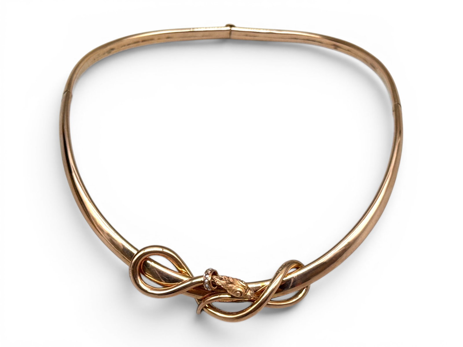 18K Rose Gold Victorian Serpent Collar Necklace: An 18K rose gold collar with a pendant of a coiling serpent wearing a seed pearl collar. Includes crushed velvet jewelry box. 6in tall x 5in wide. 18.39 dwt. | You have additional shipping options, an