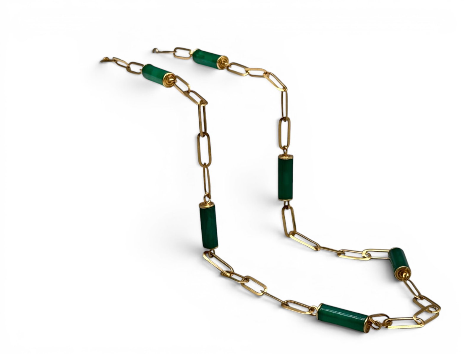 18K Yellow Gold and Chrysoprase Necklace: An 18K yellow gold paper clip chain necklace with chrysoprase tubular beads. Marked 18K. 26in long. 30.02 dwt. | You have additional shipping options, and are not required to use Live Shipping. Additi