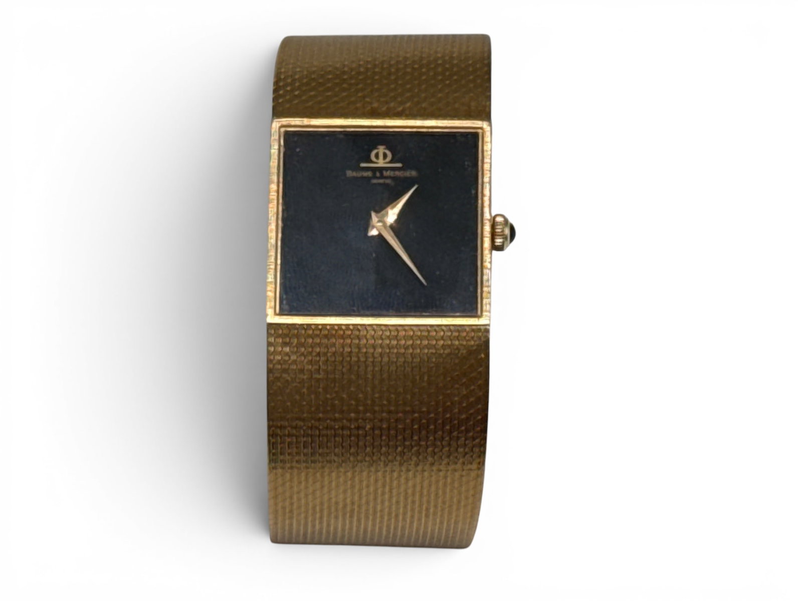 Baume & Mercier 18K Yellow Gold Watch: A Baume & Mercier 18K yellow gold automatic wristwatch with gold hands on a square-form onyx face attached to an 18K yellow gold mesh bracelet. Numbered 757821 37086 9. Marked 750 on watch and bracele