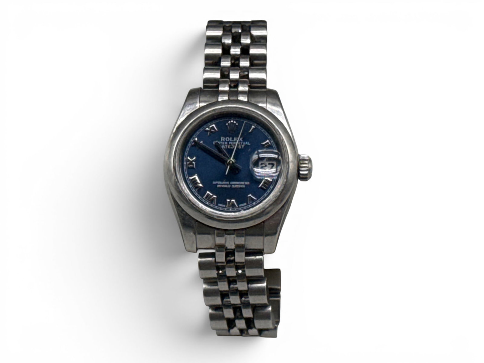 Rolex Ladies Datejust Watch: A Rolex ladies Datejust watch in stainless steel with a roman-numeral blue dial, smooth bezel, and stainless steel jubilee bracelet. 26mm case. Includes Rolex box. Numbered 6313 on bracelet. | You hav