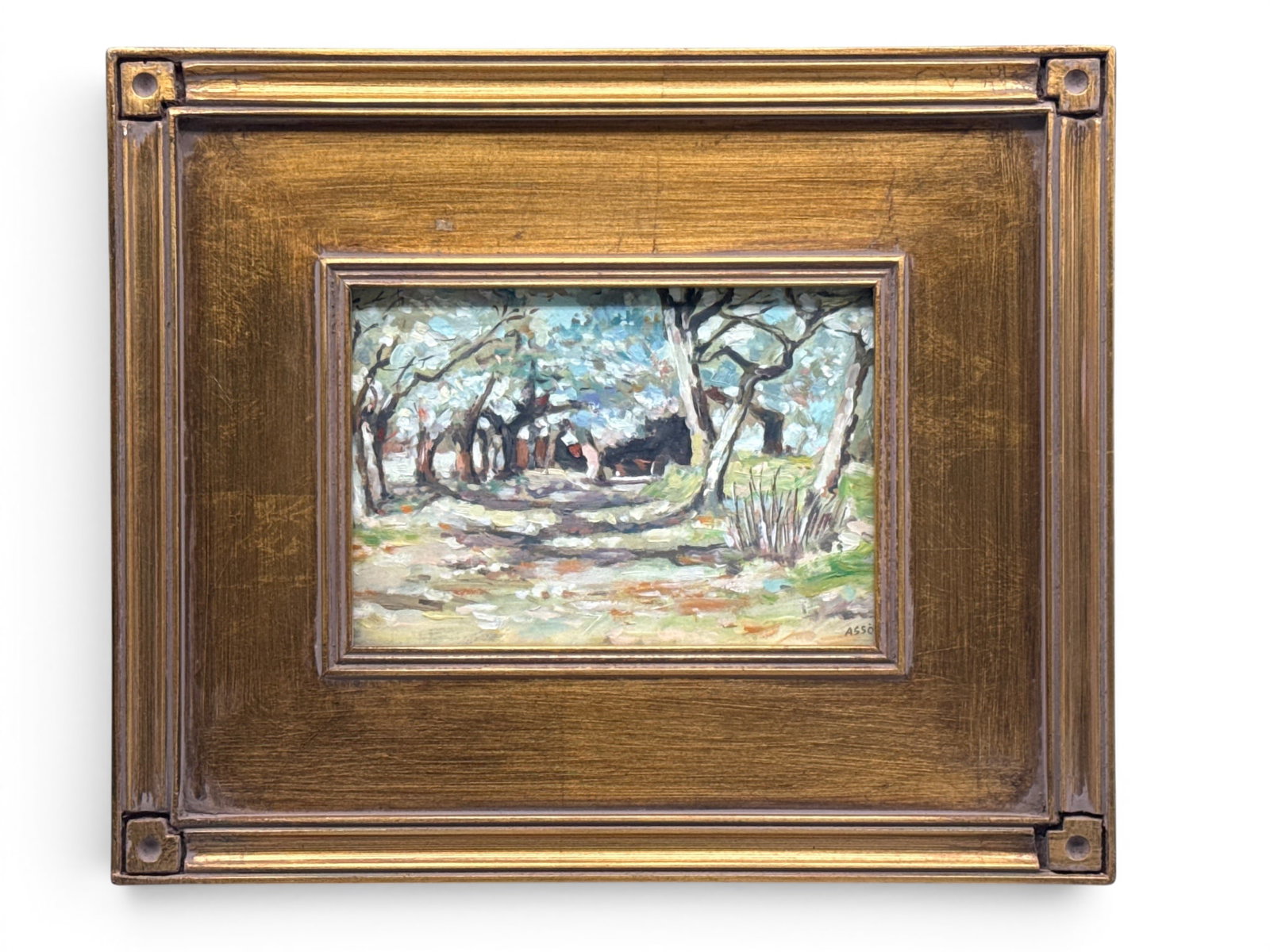 Gilt-Framed Oil/Board: Italian Landscape: A gilt-framed oil on board depicting a Tuscany, Italy landscape. Signed "Asso". Board: 5in x 7in. Frame: 10-1/2in x 12-1/2in. | You have additional shipping options, and are not required to use Live S