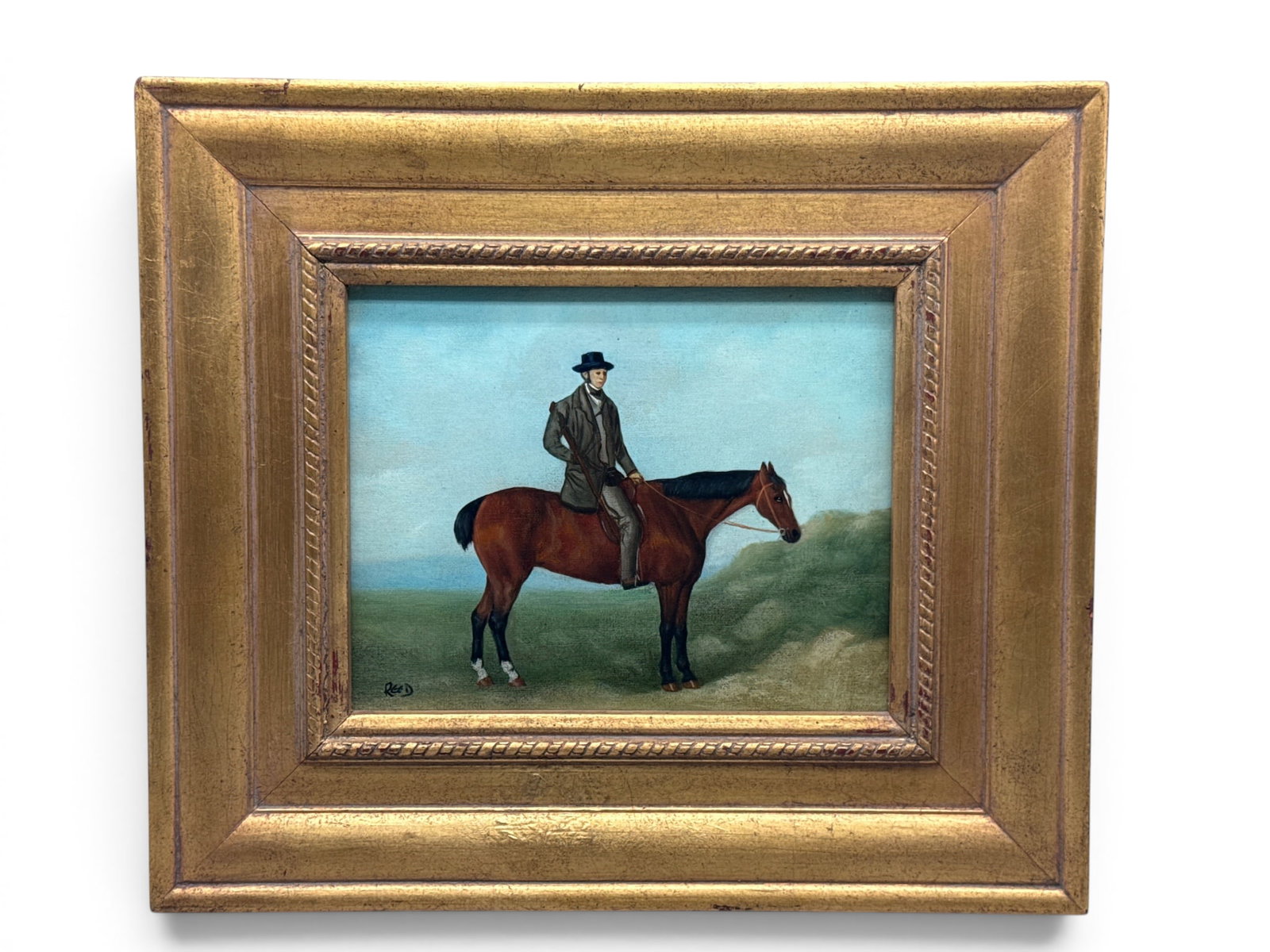 Gilt-Framed Acrylic/Canvas Equestrian Scene: A gilt-wood framed acrylic on canvas depicting a man on horseback. Signed Reed. Canvas: 8in x 10in. Frame: 14-1/2in x 16-1/2in. | You have additional shipping options, and are not required to use Live