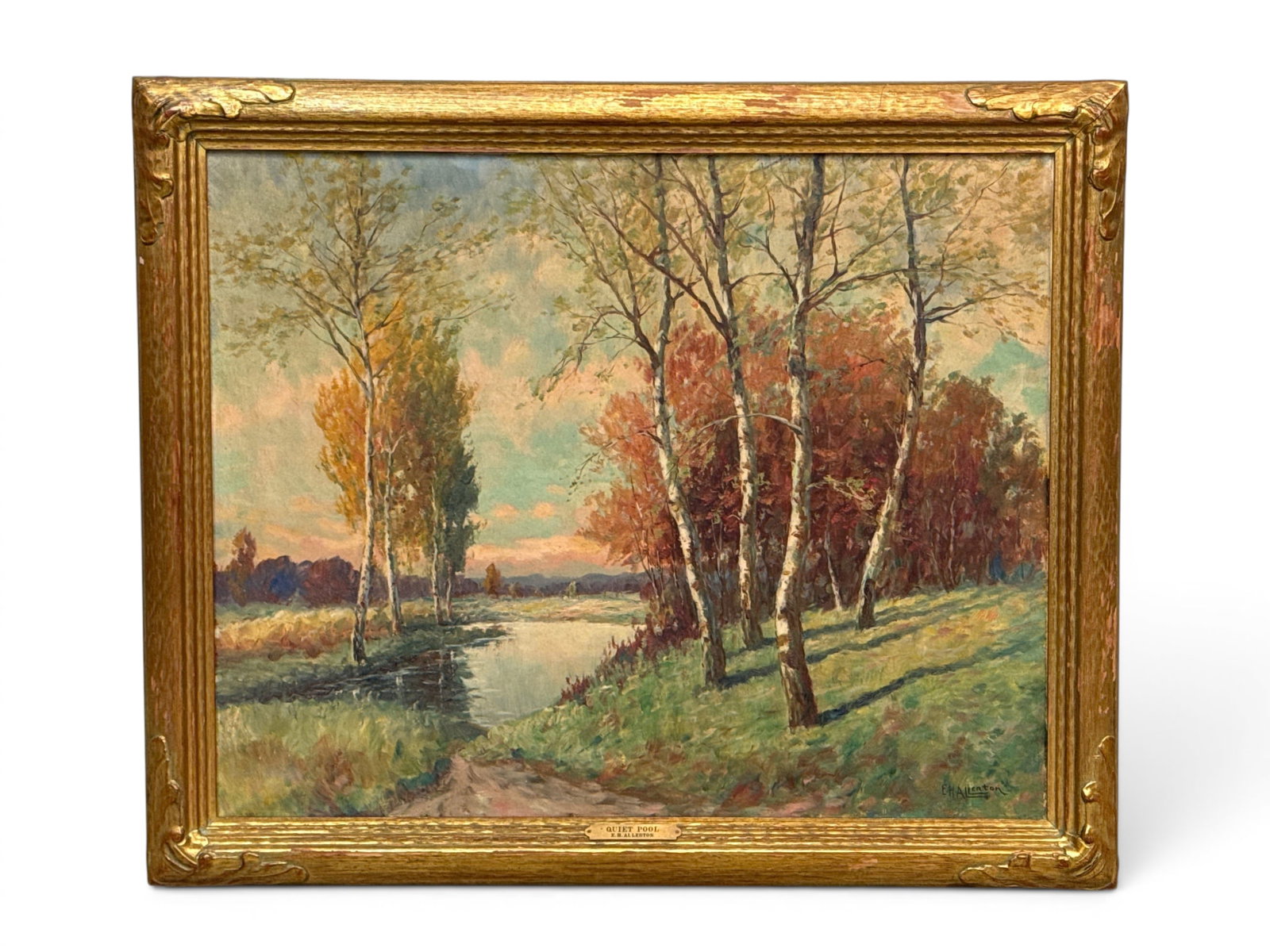 E.H. Allerton Oil/Canvas: Quiet Pool: E.H. Allerton (Pennsylvania, 19th C.). An oil on canvas landscape titled "Quiet Pool", in a gilt frame. Signed lower right. Canvas: 24in x 30in. Outside frame: 28-3/4in x 34-1/2in. | You have addition
