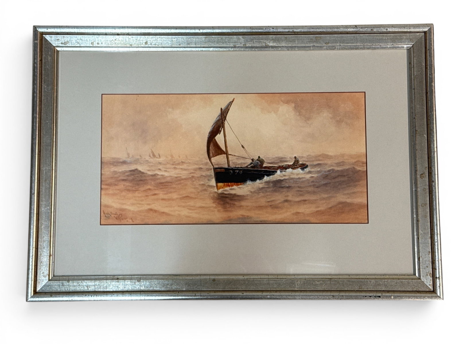 19th C. Watercolor/Paper: Fishing Boat at Sea: A 19th C. watercolor on paper of a fishing boat in choppy seas. Signed lower left. Mat opening: 9-1/2in x 19in. Outside frame: 20in x 29in. | You have additional shipping options, and are not required