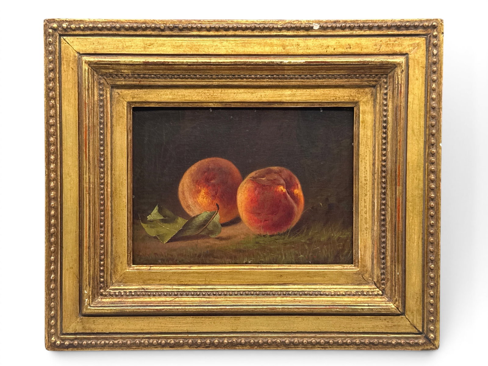 19th C. Oil/Board: Peaches: A 19th C. oil on board still life of peaches. Signed illegibly lower left, dated 1866. Board: 5-1/2in x 8in. Frame:11in x 13in. | You have additional shipping options, and are not required to use Live