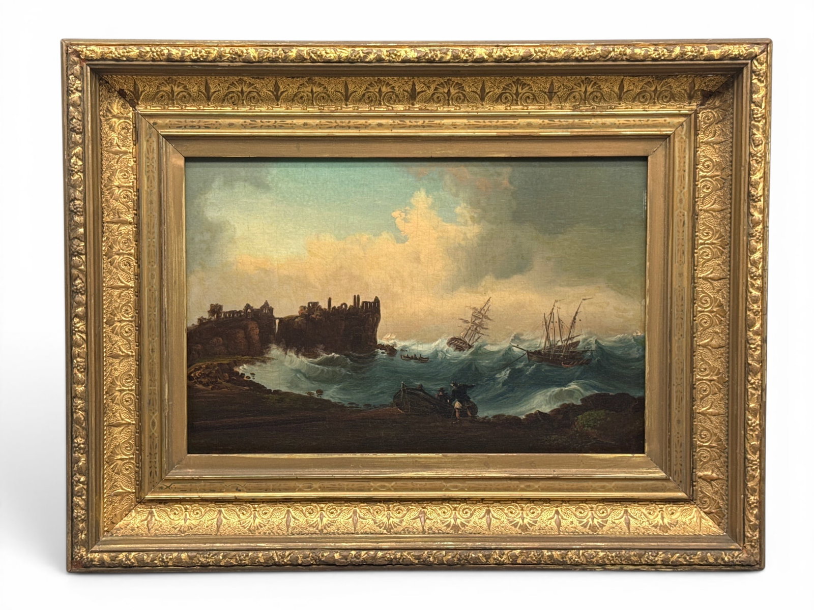 19th C. Continental School: Oil/Board Shipwreck: A gilt-wood framed 19th C. Continental school oil on board depicting a shipwreck amongst rough sears near some neoclassical ruins. Board: 8in x 12in. Frame: 13-1/2in x 18in. | You have additional ship