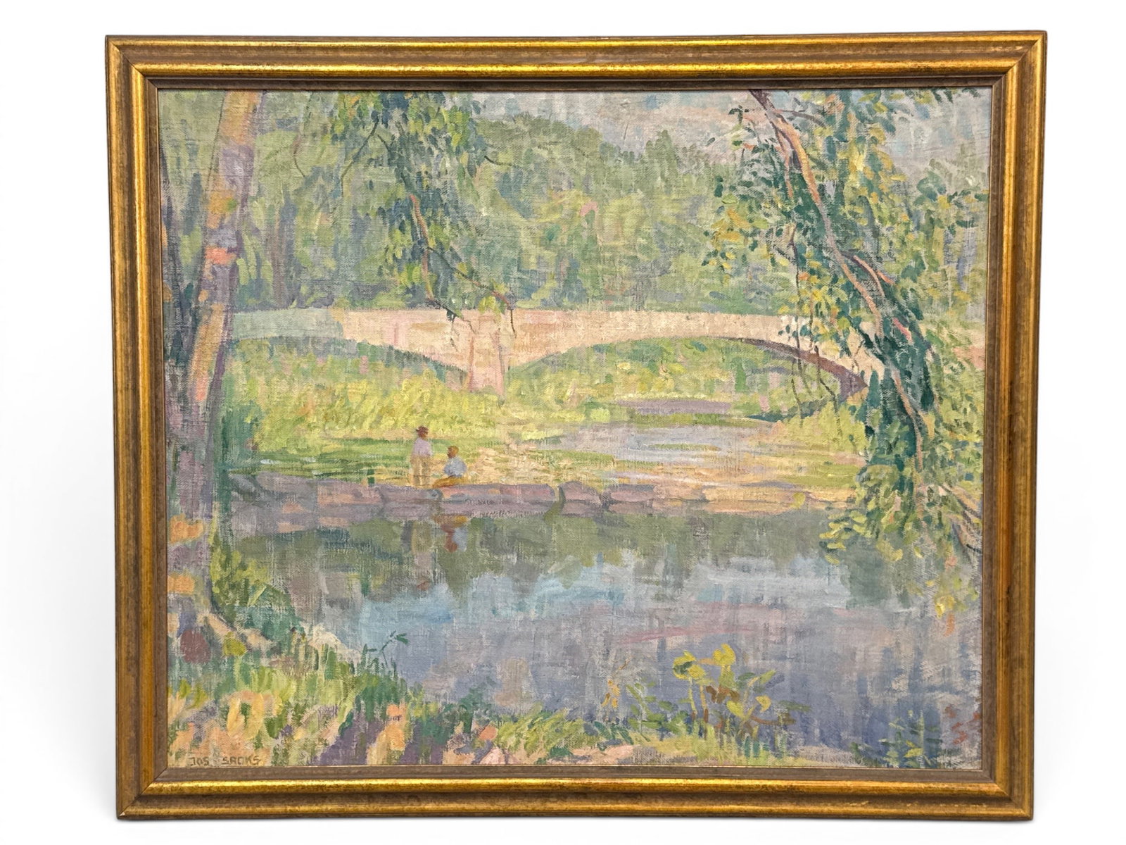 Joseph Sacks Oil/Canvas: Impressionist Bridge Landscape: Joseph Sacks (Russian/American, 1887-1974). An oil on canvas impressionist landscape of two figures sitting by a bridge over water. Signed lower left. Frame: 28-1/2in x 33in. | You have additional shi
