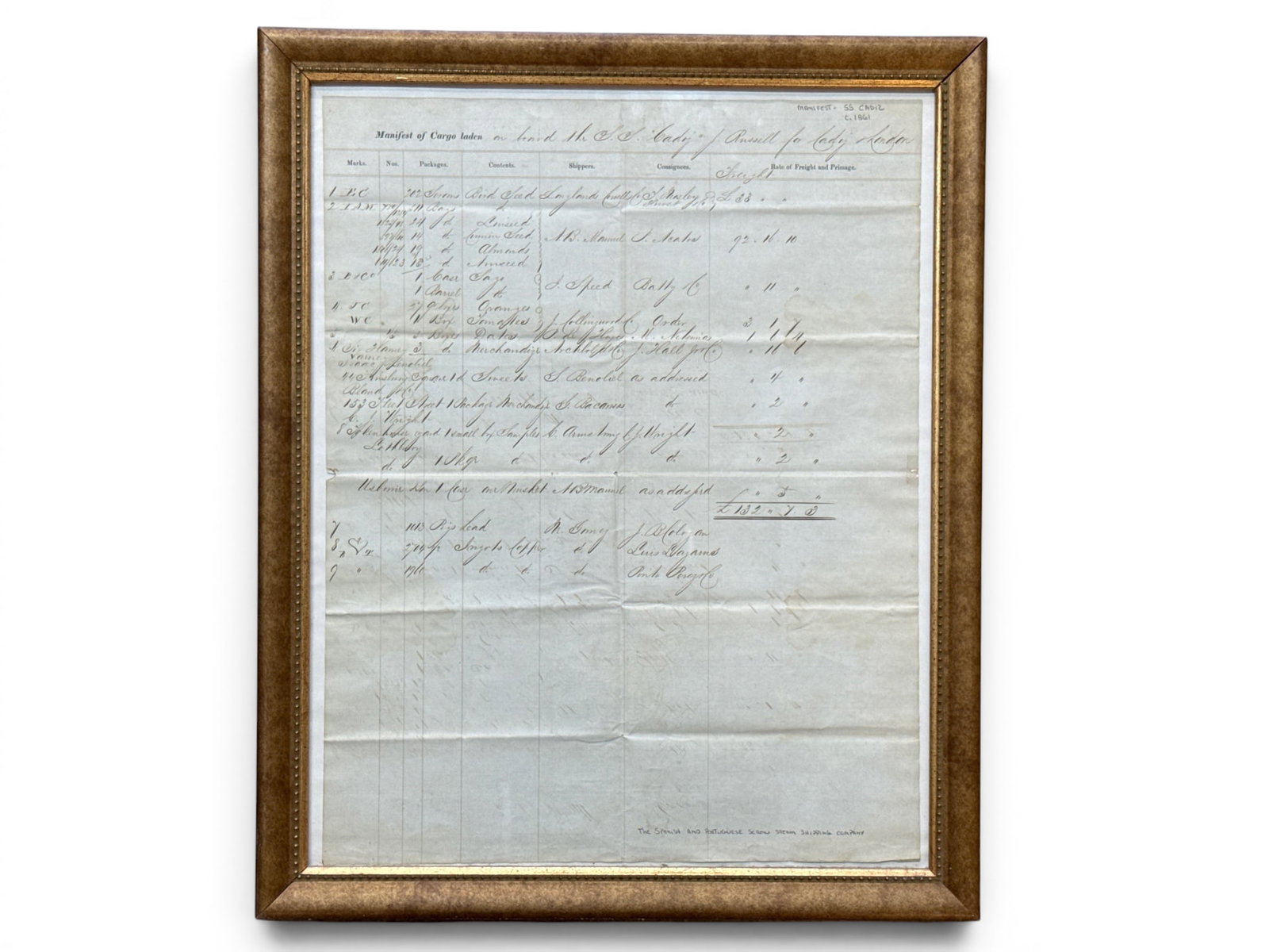 19th C. Handwritten Steamship Manifest: A 19th C., handwritten steamship cargo manifest for the SS Cadiz, from Cadiz to London. Including marks, packages, contents, shippers, consigned and rates of freight. Circs 1860 Sheet: 19in x 15in. Fr