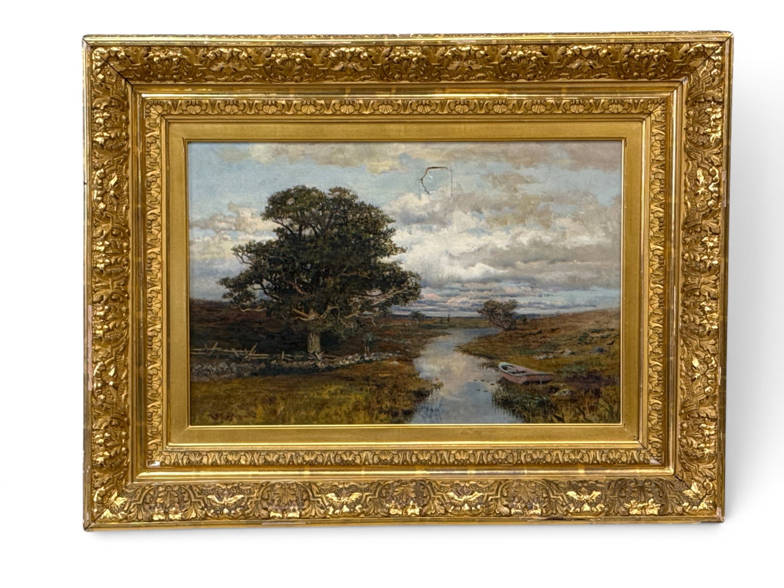 Robert Ward Van Boskerck Oil/Canvas: Landscape: Robert Ward Van Boskerck (New Jersey, 1855-1932). An oil on canvas landscape with creek. Signed lower left and in a gilt and gesso frame. Frame with "Lewis & Son Picture Frames / 1833 Broadway, New Yo