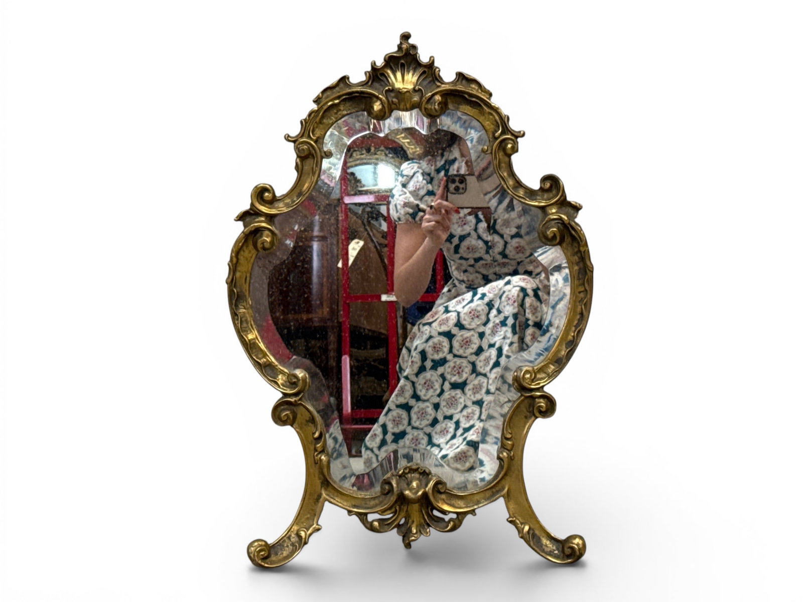 French Louis XV-style Bronze Table Mirror: A French Louis XV-style bronze table mirror in a Rococo frame with acanthus decoration and easel back. 25in tall x 17in wide. | You have additional shipping options, and are not required to use Live S