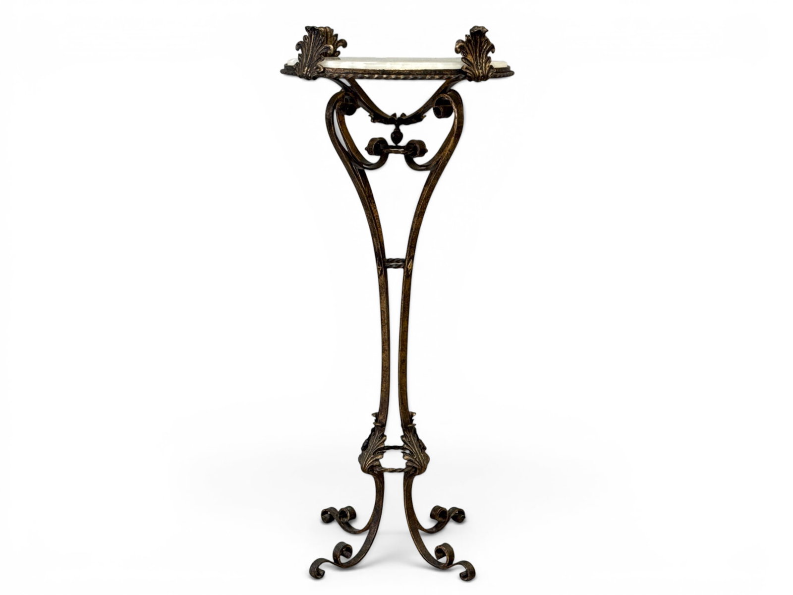 Victorian Gilded Iron Plant Stand: A Victorian gilded iron plant stand with a circular stone top and scrolling frame. 39-1/2in tall. Top diameter: 17in. | You have additional shipping options, and are not required to use Live Shipping.