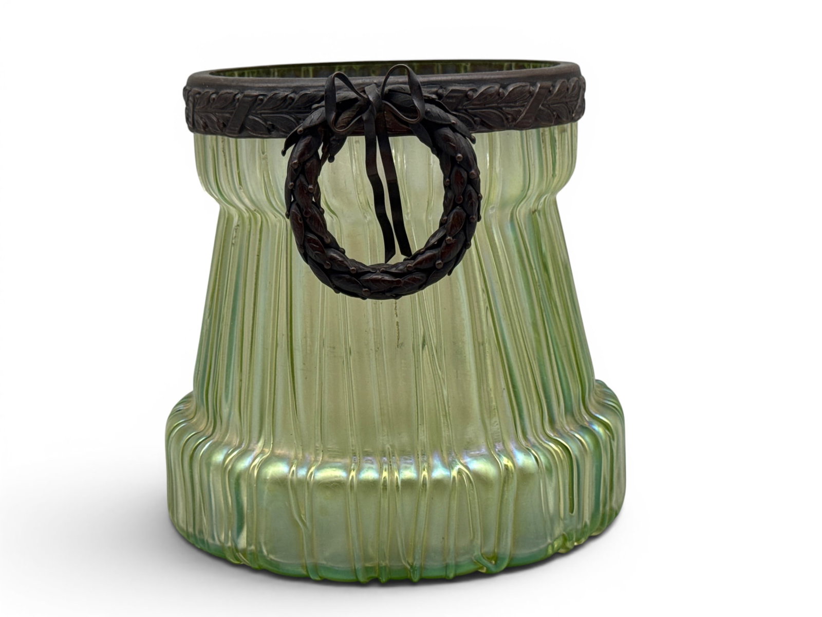 Loetz Tree Bark Glass Vase: A Loetz green iridescent "tree bark" vase with a metal wreath-form collar. 6in tall x 5in wide. | You have additional shipping options, and are not required to use Live Shipping. Additional shipping a