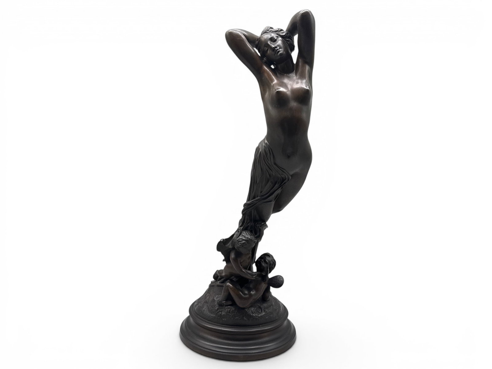 Joseph Michel-Ange Pollet Art Deco Figural Bronze: Joseph Michel-Ange Pollet (Italian, 1840-1910). A figural bronze depicting a nude woman with two cherubic figures. Signed Pollet and with foundry mark for E. DeLabroue. 22in tall x 7in wide. | You hav