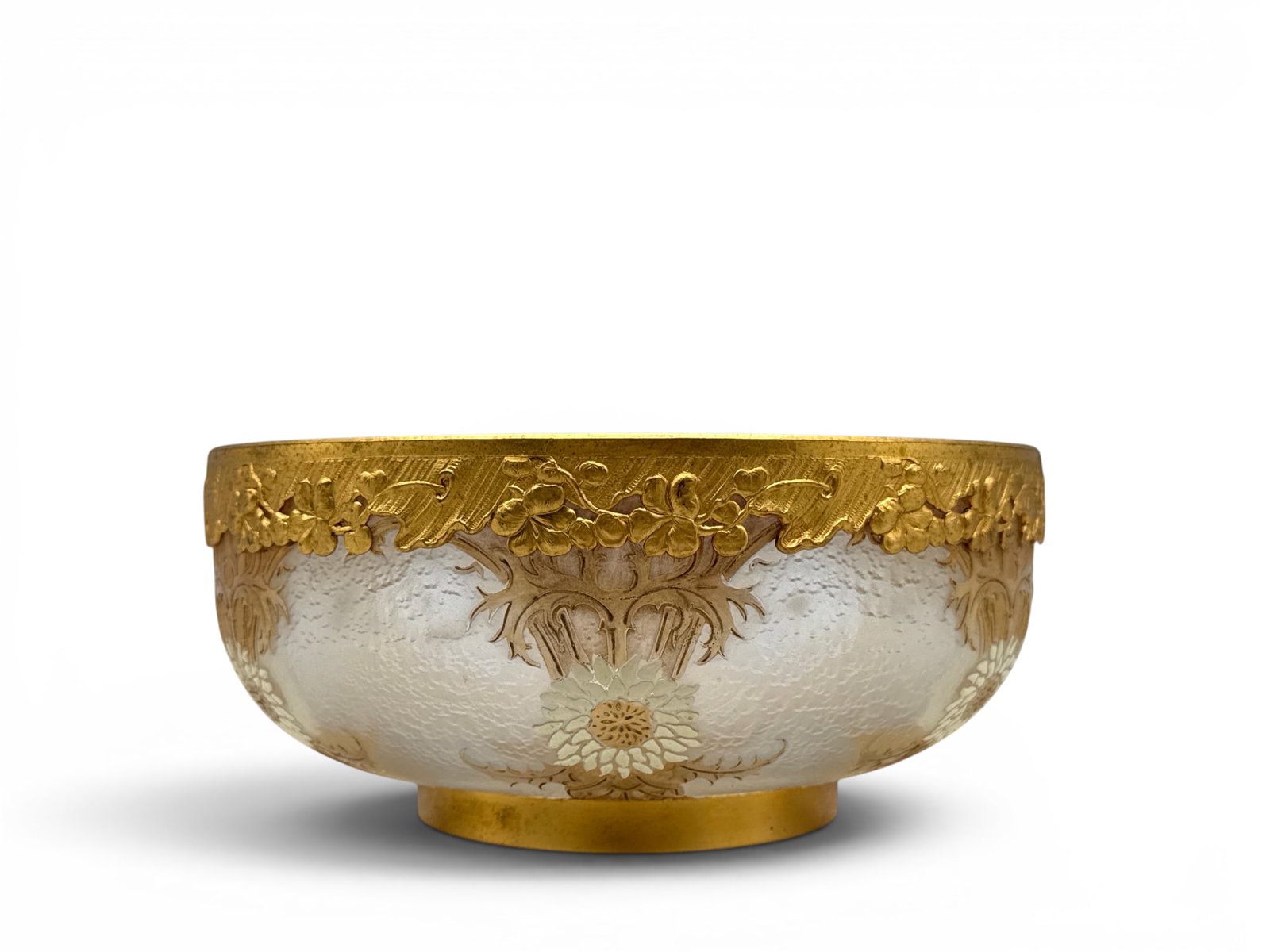 Victor Saglier Gilt Metal-Mounted Glass Bowl: Victor Saglier (French, 1809-1894). A frosted glass bowl with etched floral decoration and gilt metal mounts. Glass and rims are stamped "VS". 3-1/2in tall x 8in wide. | You have additional shipping o