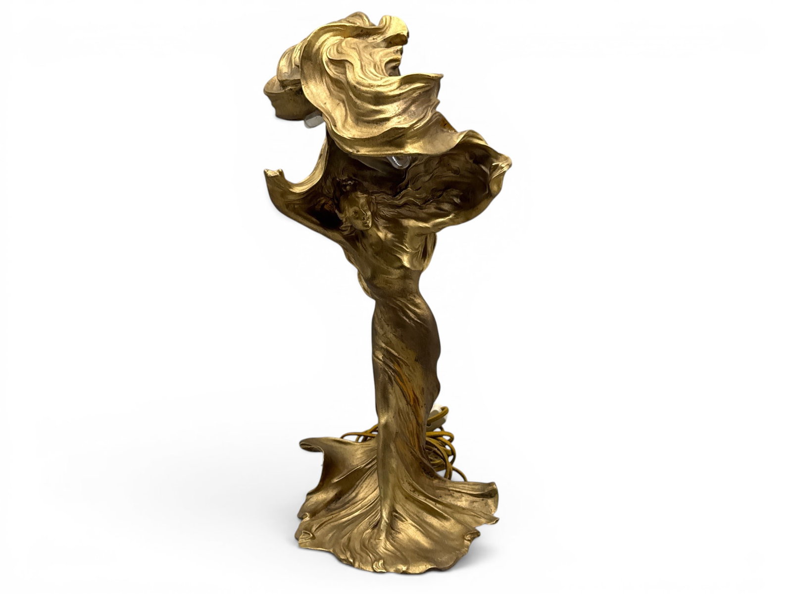 Francois-Raoul Larche Bronze Light Sculpture: Francois-Raoul Larche (French, 1860-1912). An Art Nouveau gilt bronze lamp sculpture depicting dancer Loie Fuller in a swirling dress. Signed Raoul Larche. Foundry mark EAW7. 17in tall x 10in wide. | 