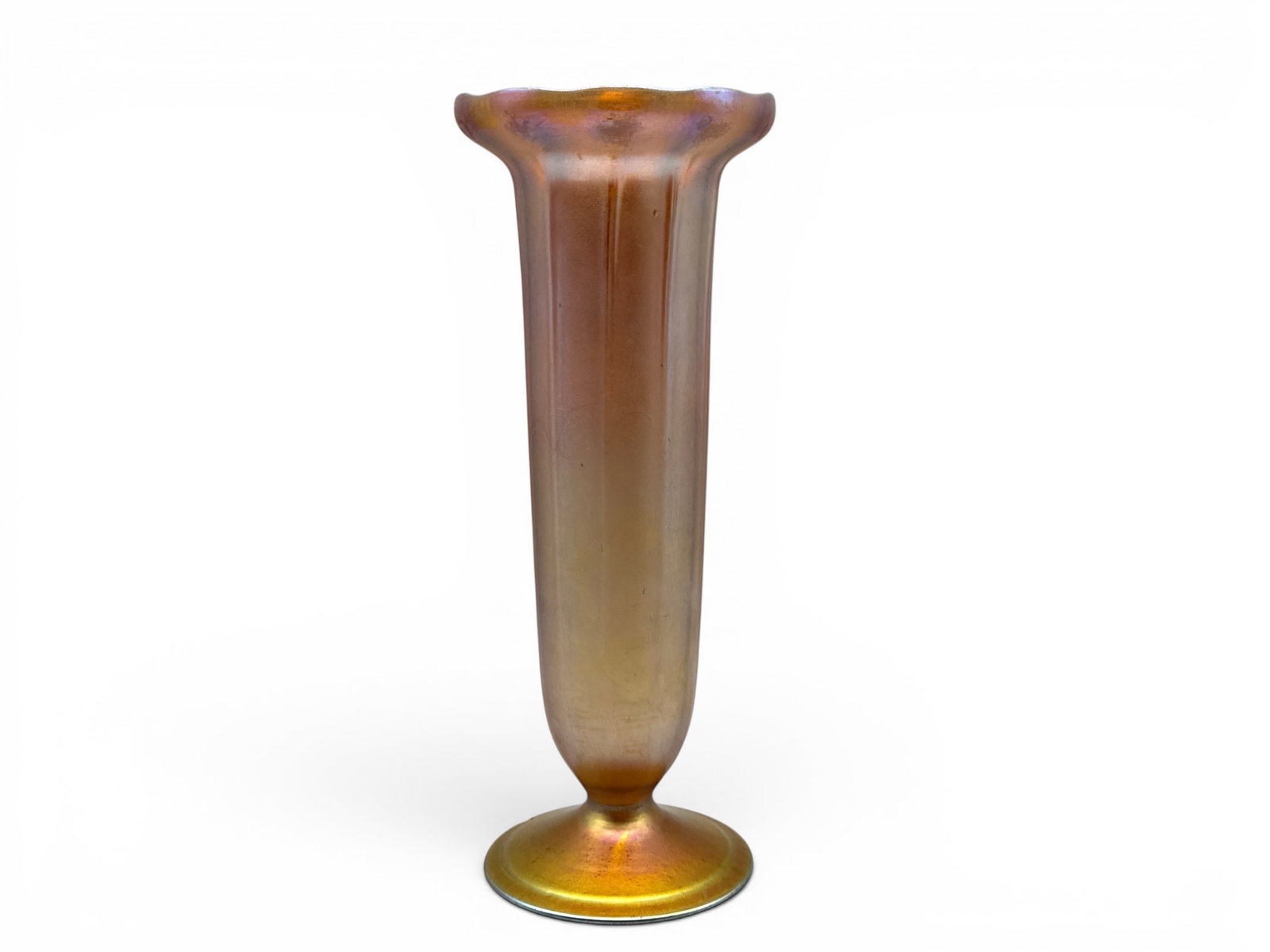 Louis Comfort Tiffany Favrile Flower Vase: A Louis Comfort Tiffany iridescent favrile flower vase of trumpet form with column-shaped sides. Signed L.C. Tiffany. 12in tall x 5in wide. Chip to foot. | You have additional shipping options, and ar