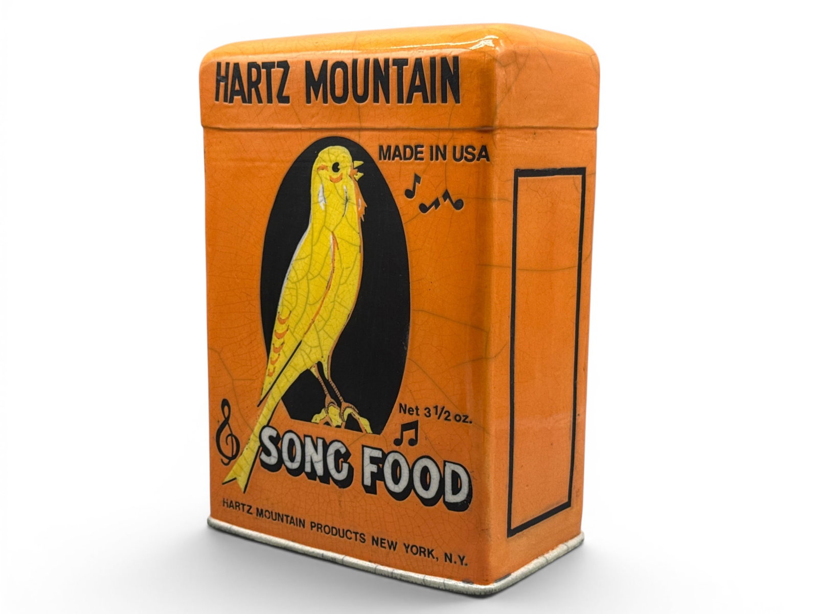 Trompe L'oeil Pottery Hartz Mountain Advertising Tin: A trompe l'oeil pottery Hartz Mountain Song Food advertising display in the form of a tin with hand-painted text and decoration. Impressed "K" mark underneath. 14in tall x 9-1/2in wide. | You have add