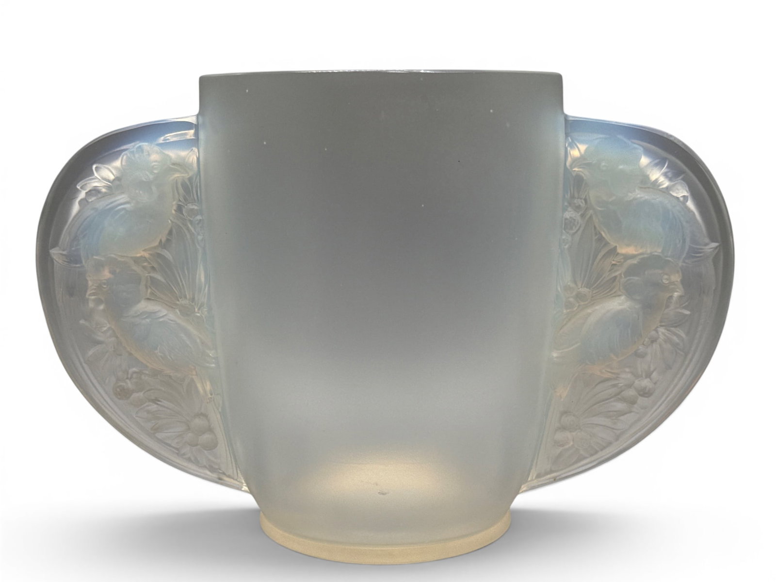 Verlys Art Deco Bird-Handled Opalescent Vase: A Veryls Art Deco opalescent art glass vase with bird relief handles. Signed. 8in tall x 11in wide. | You have additional shipping options, and are not required to use Live Shipping. Additional shippi