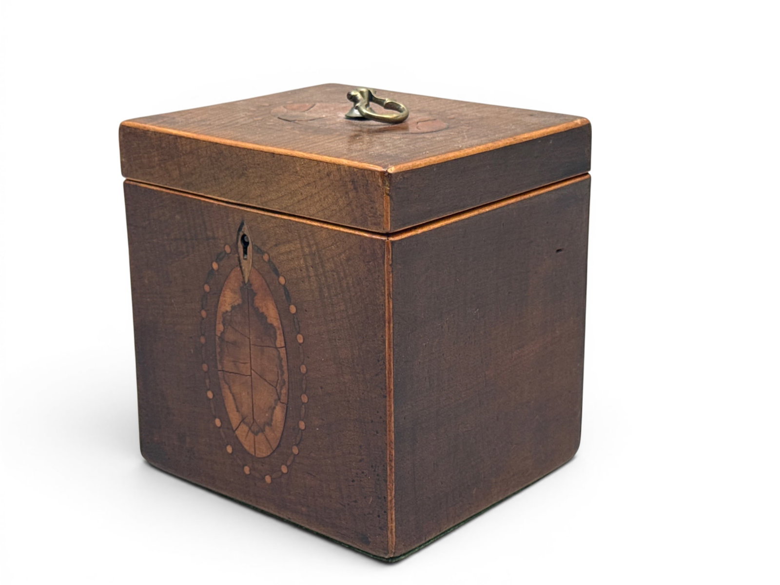 George III Marquetry Tea Caddy: A George III-period marquetry tea caddy with inlaid shell design. 5in tall x 4-1/2in wide. | You have additional shipping options, and are not required to use Live Shipping. Additional shipping and de