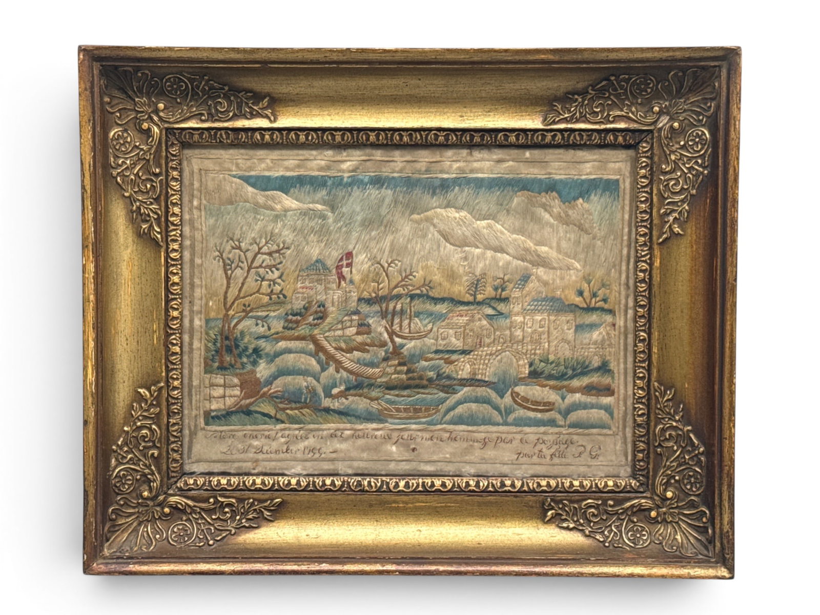18th C. Worked Silk Embroidered Landscape (1 of 6)