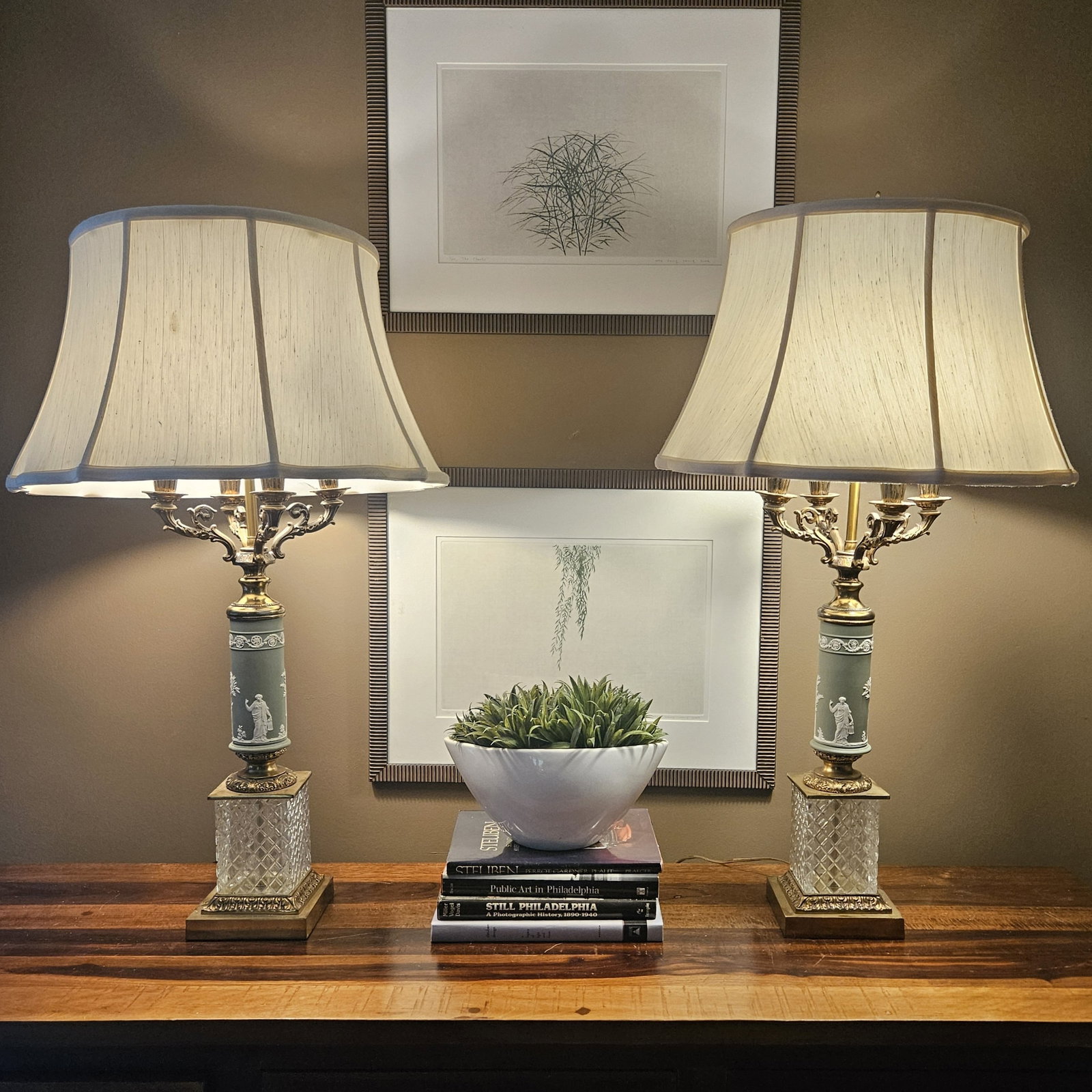 Pair Neoclassical-style Jasperware Table Lamps: A pair of Neoclassical-style table lamps with sage green Jasperware bases and five light candelabra tops. | You have additional shipping options, and are not required to use Live Shipping. Additional 