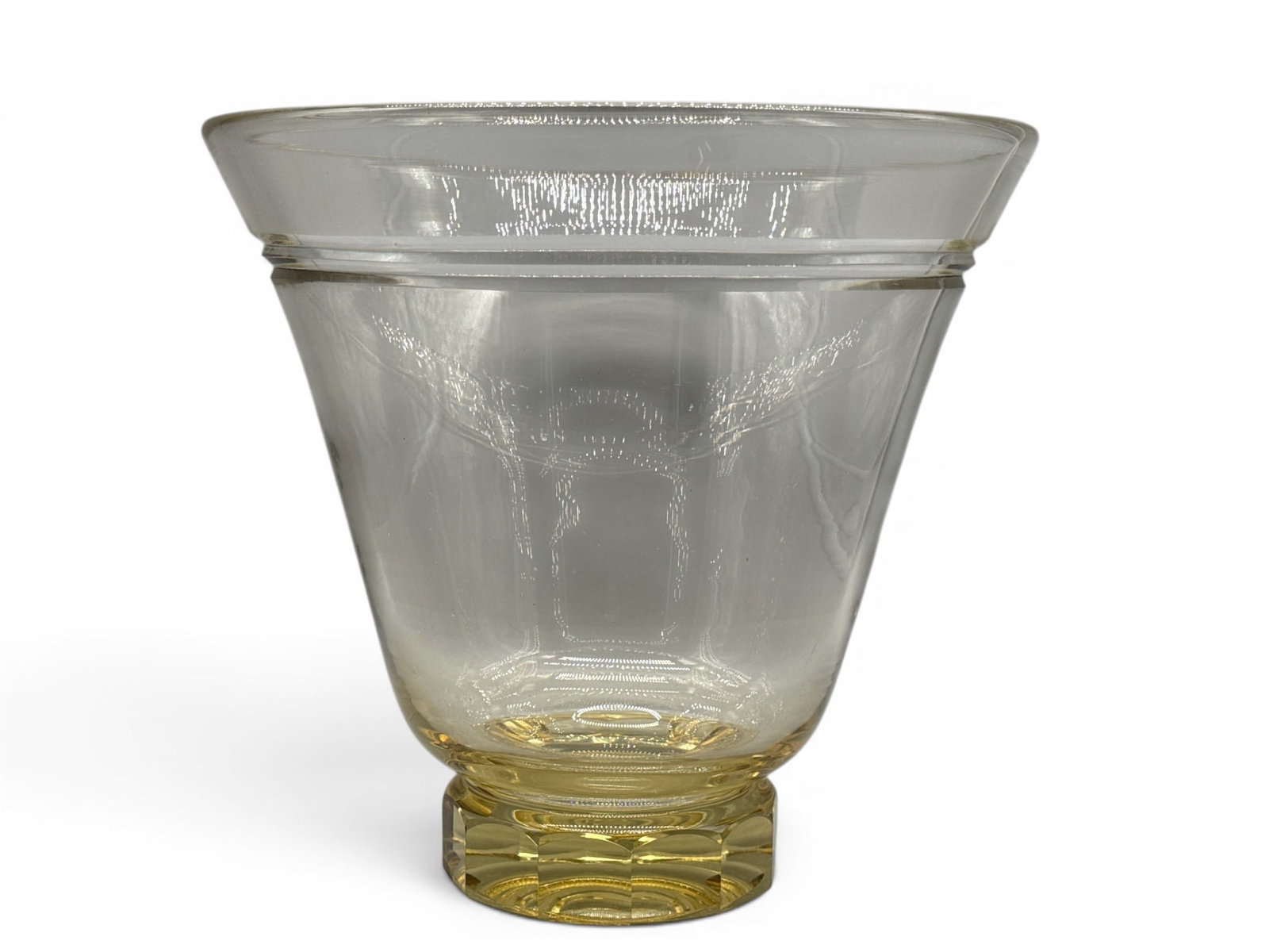 Daum Nancy Citrine Glass Champagne Cooler: A Daum Nancy citrine-hued glass champagne cooler with conical, tapering shape on a cut patterned base. Signed Daum a Nancy, France. Likely circa 1930s. 12in tall x 13in wide. | You have additional shi