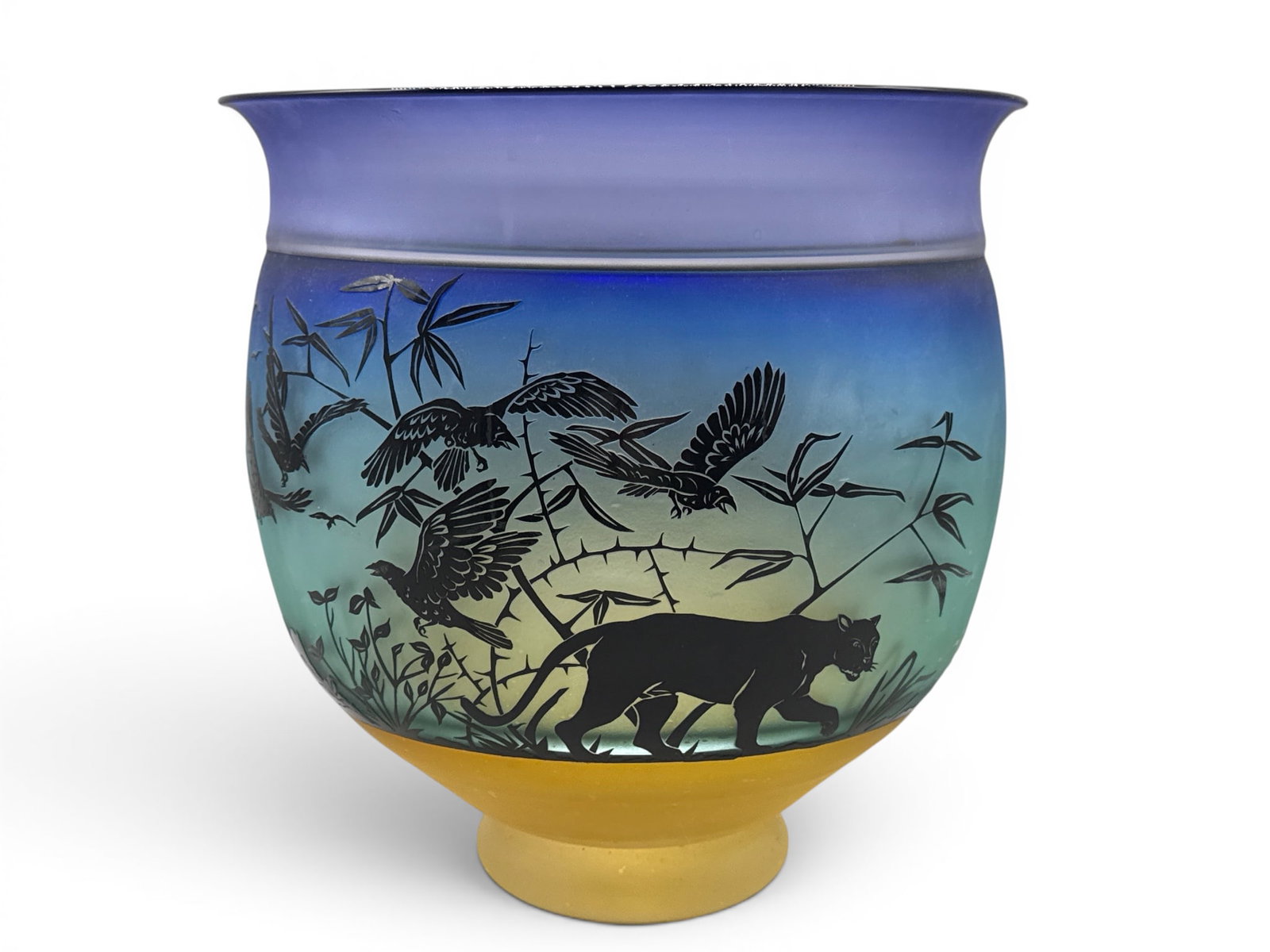 Large Gary Genetti Etched Art Glass Vase: Gary Genetti (American, 20th C.) A large ombre-hued art glass bowl with acid etched design of exotic wildlife. Signed. 13in tall x 12in wide. | You have additional shipping options, and are not requir
