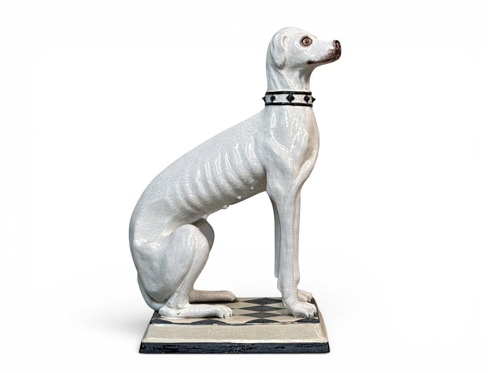 Life Size Italian Faience Pottery Sculpture of a Greyhound: A life-sized Italian faience pottery model of a seated greyhound. Unmarked. 39in tall x 24in wide x 14-1/2in deep. | You have additional shipping options, and are not required to use Live Shipping. Ad