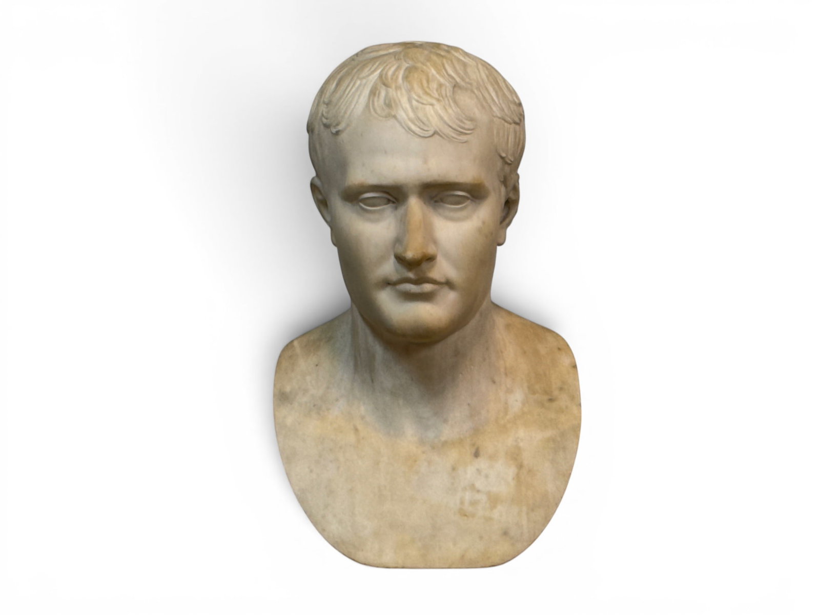 Carved Marble Bust of Emperor Napoleon Bonaparte: A carved white marble bust depicting the Emperor Napoleon Bonaparte. 19in tall x 11in wide x 11in deep. | You have additional shipping options, and are not required to use Live Shipping. Additional sh