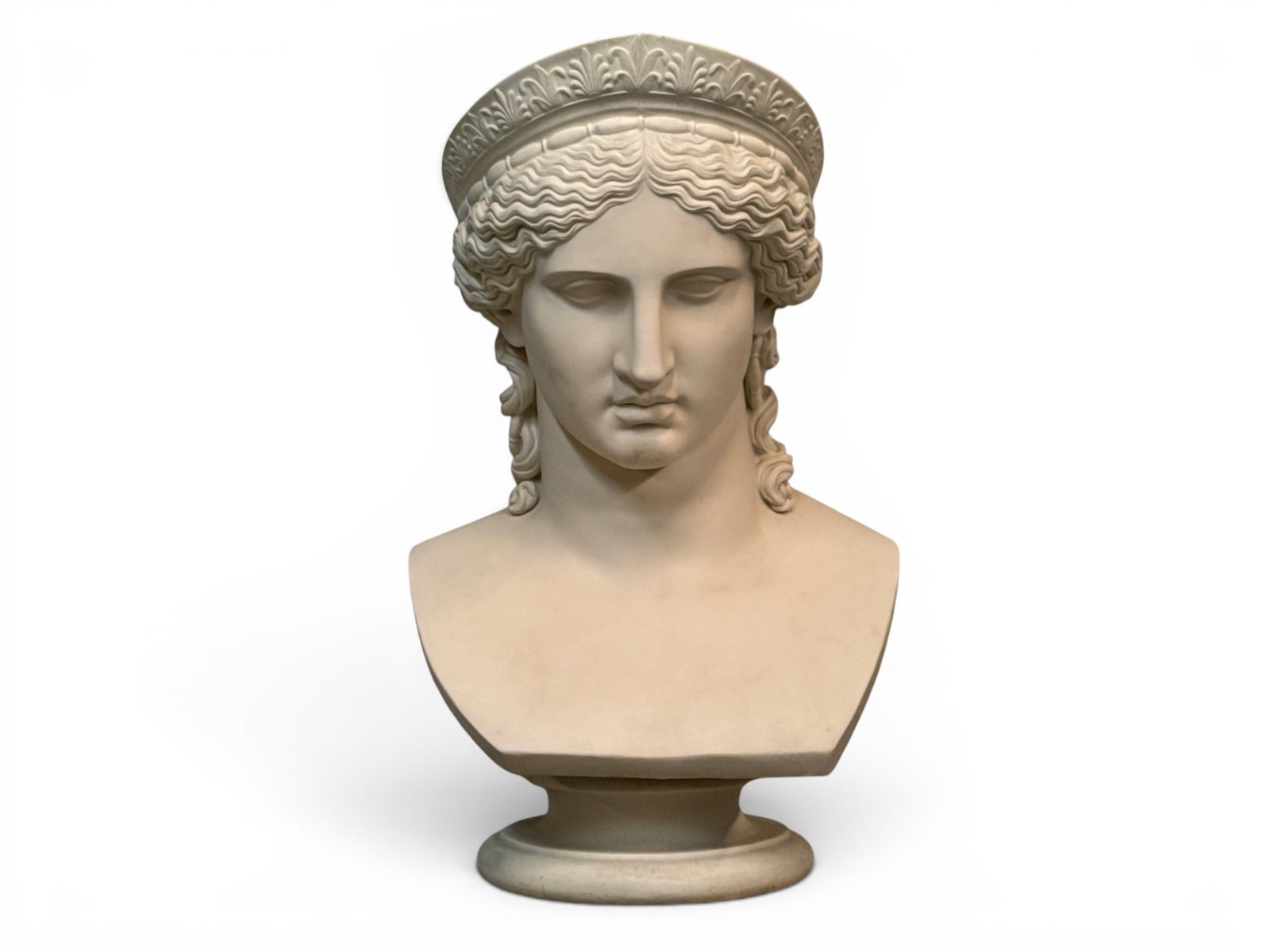 Copeland Parian Bust of Goddess Juno: A Copeland parian porcelain bust depicting the goddess Juno wearing an ornate diadem. Stamped mark. 23in tall x 13-1/2in wide x 12in deep. | You have additional shipping options, and are not required 