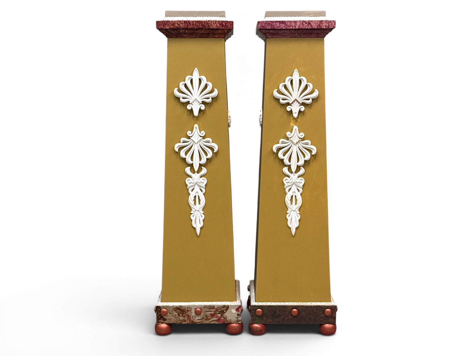 Pair of Neoclassical-style Display Pedestals: A pair of Neoclassical-style painted wood display pedestals. 49-1/2in tall. Tops: 9 in x 9 in. At widest: 13-1/2in wide. | You have additional shipping options, and are not required to use Live