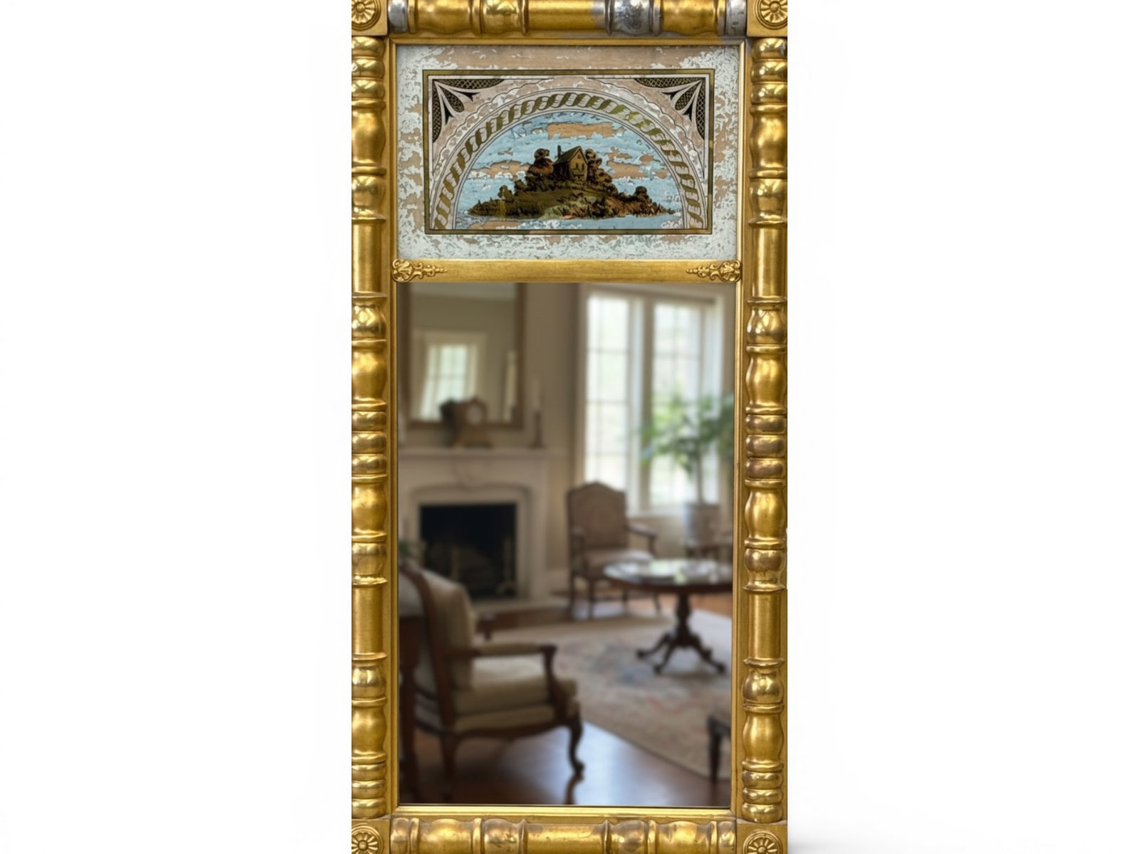 Gilt Sheraton Wall Mirror with Reverse-Painted Panel (1 of 4)