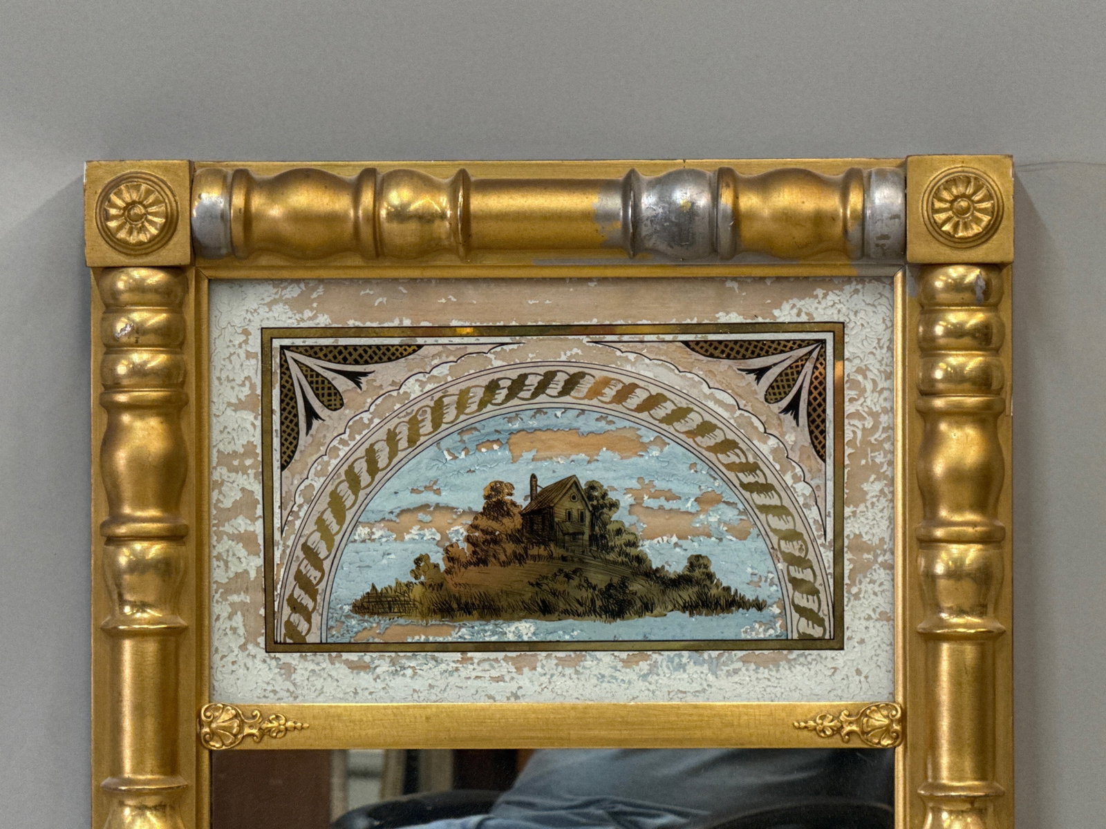 Gilt Sheraton Wall Mirror with Reverse-Painted Panel - 2