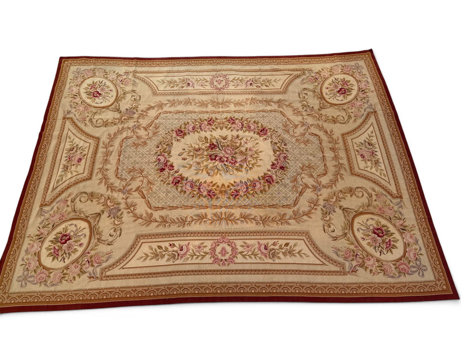 French Louis XV-style Aubusson Carpet, 13ft 1in x 9ft 8in: A French Louis XV-style Aubusson carpet with foliate medallion designs. 13ft 1in x 9ft 8in. | You have additional shipping options, and are not required to use Live Shipping. Additional shipping and d