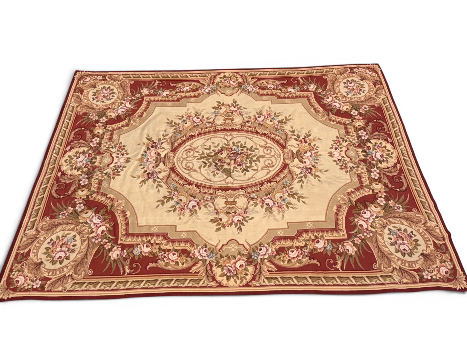 French Louis XV-style Aubusson Carpet, 14ft 2in x 10ft: A French Louis XV-style Aubusson carpet with foliate medallion designs. 14ft 2in x 10ft. | You have additional shipping options, and are not required to use Live Shipping. Additional shipping and deli