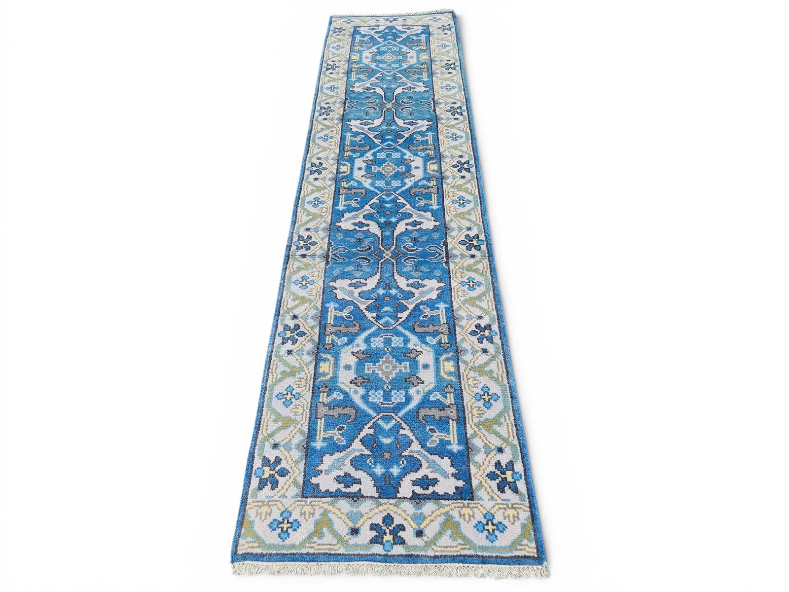 Turkish Oushak-style Runner: A contemporary Turkish Oushak style runner in blue tones. | You have additional shipping options, and are not required to use Live Shipping. Additional shipping and delivery details are available on o